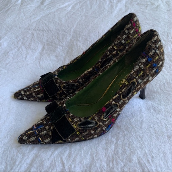 Vintage Richard Tyler Tweed Wool Brown Plaid Tartan Velvet Bow Ribbon Heels Y2K - Picture 4 of 9
